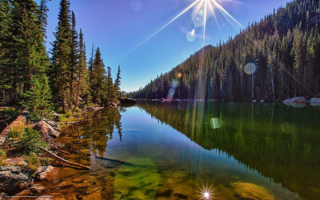 Lake trees forest sun mountain free wallpaper - medium preview image