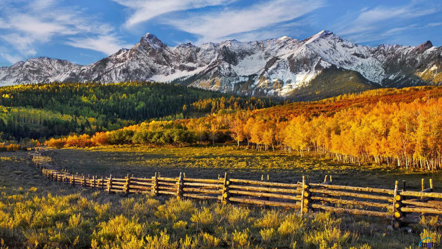 Fence mountains trees autumn landscape free wallpaper - medium preview image