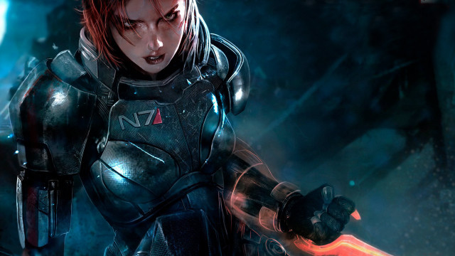 Futuristic woman sword cave glowing free wallpaper - medium preview image