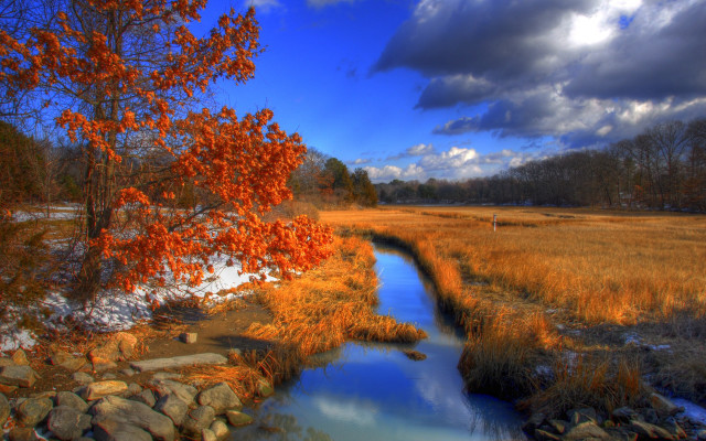 Stream dry grass cloudy sky free wallpaper - medium preview image