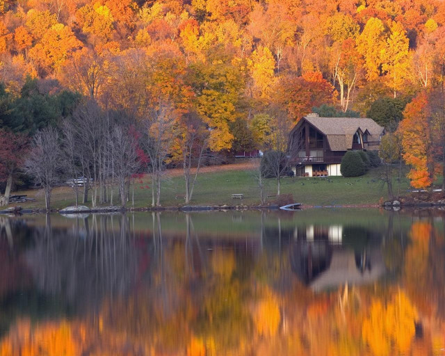 Cabin lake fall foliage autumn free wallpaper - medium preview image