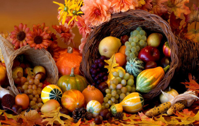 Basket fruit vegetables autumn leaves free wallpaper - medium preview image
