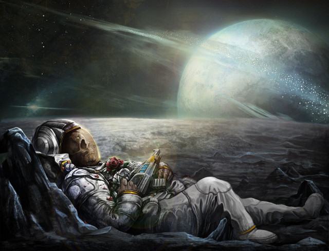 Man lying giant planet moon free wallpaper - medium preview image