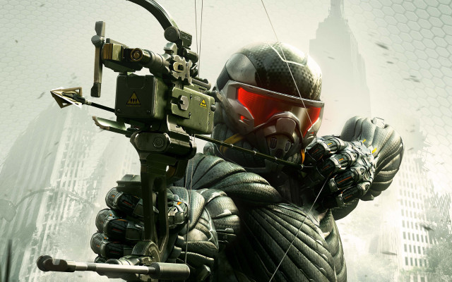 Futuristic man bow arrow cityscape free wallpaper - medium preview image