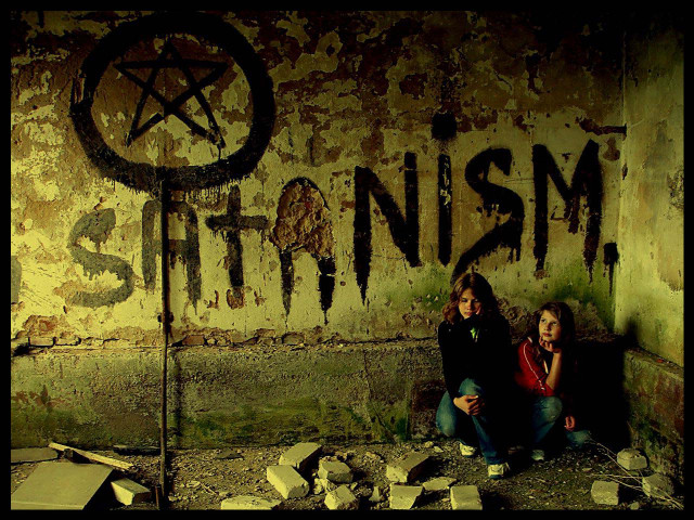 Girls sitting graffiti wall pentagram free wallpaper - medium preview image