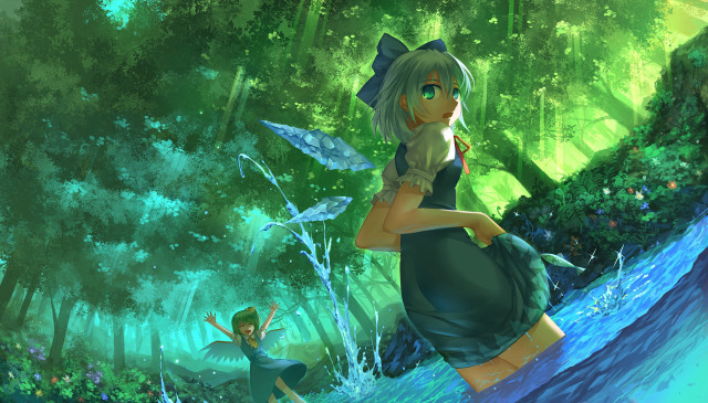 Woman green dress forest stream #3 free wallpaper - medium preview image