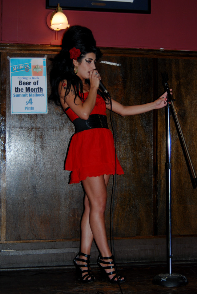 Woman red dress singing microphone free wallpaper - medium preview image