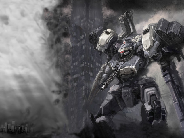 Robot gun city smoke clouds free wallpaper - medium preview image