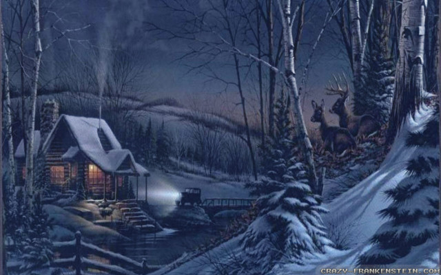 Cabin woods night fullmoon deer free wallpaper - medium preview image