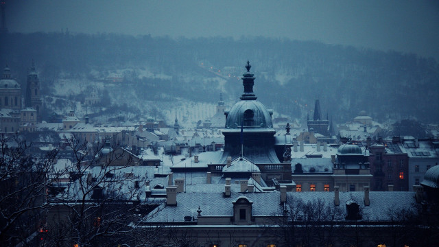 City clocktower snowy mountain trees free wallpaper - medium preview image