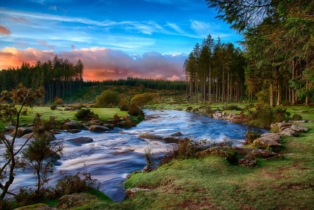River lush forest cloudy sunset free wallpaper - medium preview image