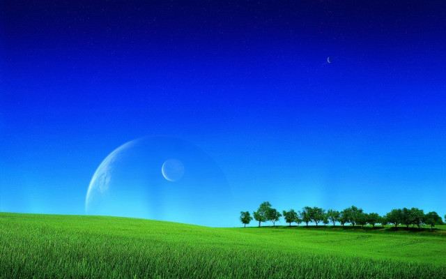 Green field trees crescent sky free wallpaper - medium preview image