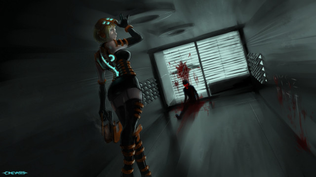 Woman cat room bloody window free wallpaper - medium preview image