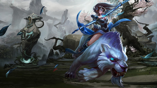 Woman riding white wolf forest free wallpaper - medium preview image