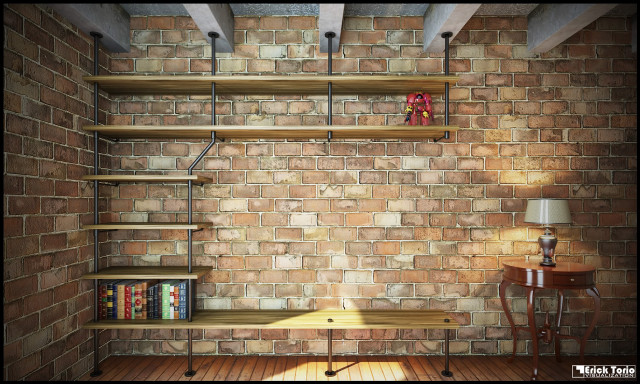 Brick wall bookshelves lamp table free wallpaper - medium preview image