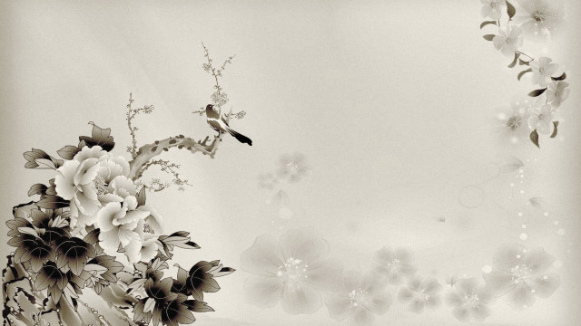 Black white flowers bird branch free wallpaper - medium preview image