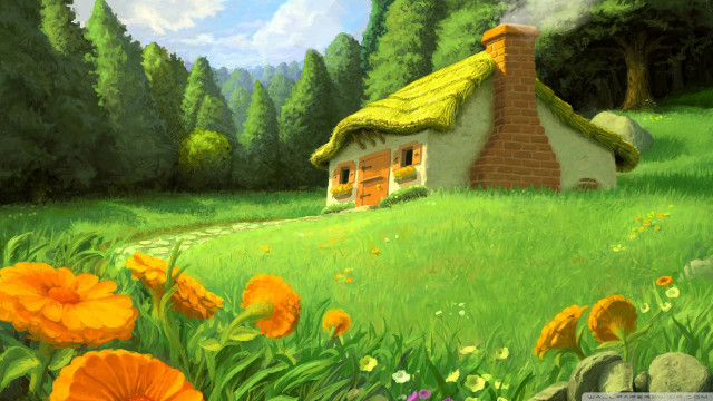 House field flowers trees path free wallpaper - medium preview image