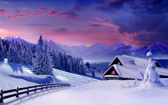 Snowy mountain cabin fence pink #2 free wallpaper - medium preview image