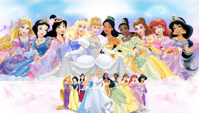Princesses standing clouds row dresses free wallpaper - medium preview image