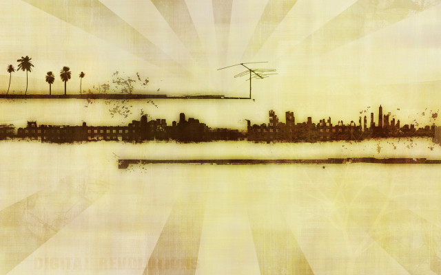City silhouette palmtrees sunburst grungy free wallpaper - medium preview image
