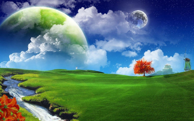 Green field stream tree moon free wallpaper - medium preview image