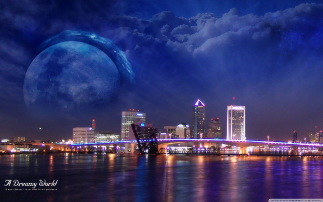 City skyline moon bridge water free wallpaper - medium preview image