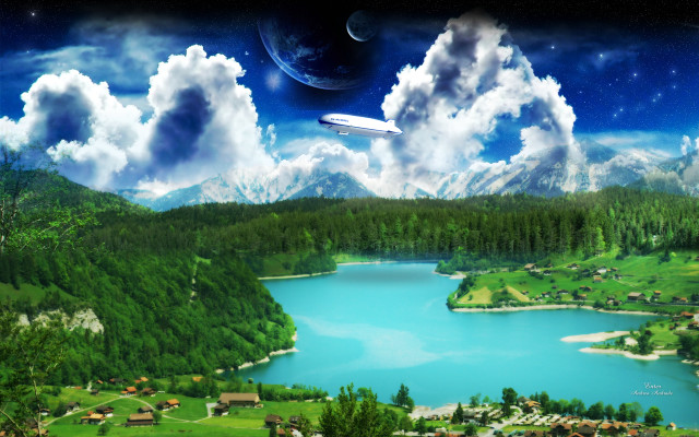 Landscape lake mountain flyingobject surrealism free wallpaper - medium preview image