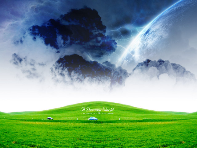 Green field clouds hill car free wallpaper - medium preview image