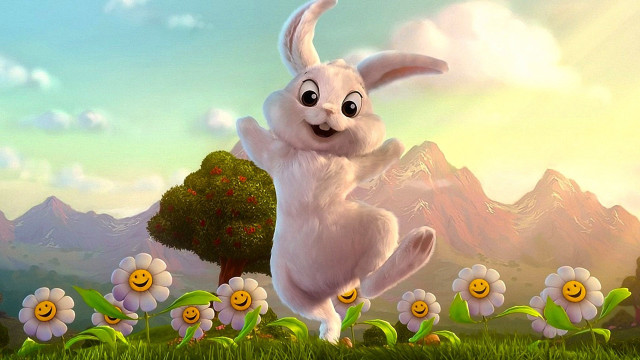 Cartoon bunny field flowers smiling free wallpaper - medium preview image