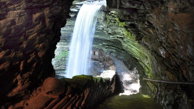 Waterfall cave stairs person view free wallpaper - medium preview image