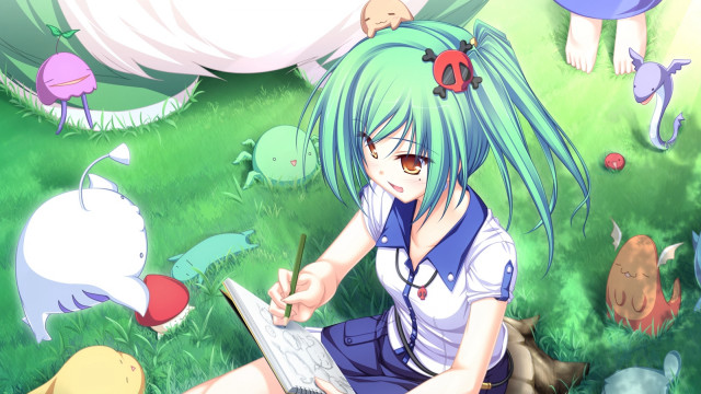 Girl blue hair laptop animals free wallpaper - medium preview image