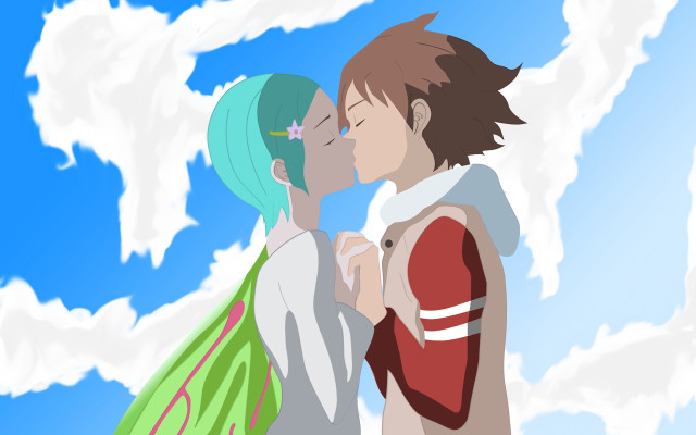 Couple kissing sky clouds blue free wallpaper - medium preview image