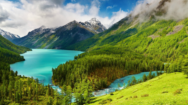 Mountain lake green trees cloudy #2 free wallpaper - medium preview image