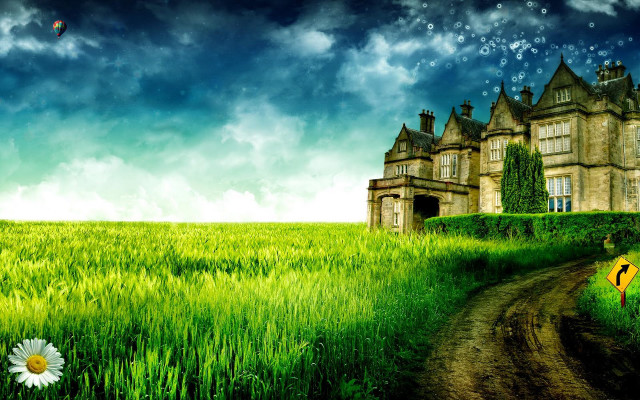 Gothic mattepainting cityscape flowerfield moon free wallpaper - medium preview image