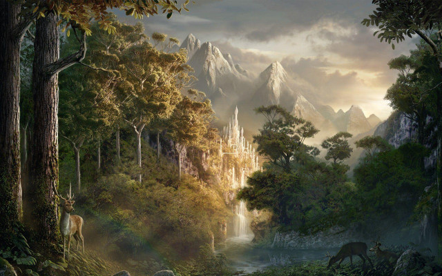 Forest waterfall castle deer painting #3 free wallpaper - medium preview image