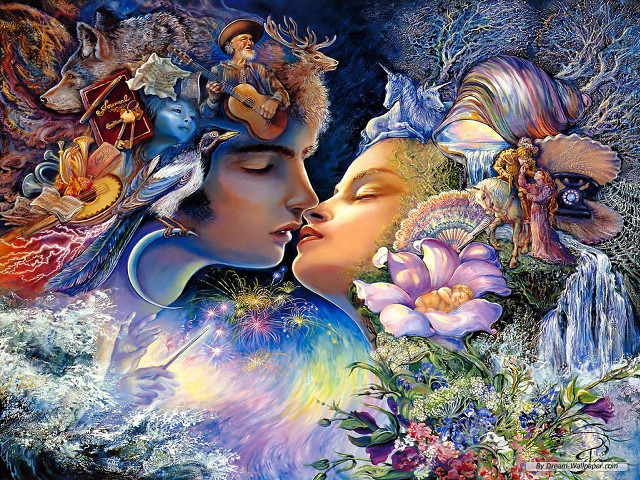 Kissing couple floral background trees free wallpaper - medium preview image