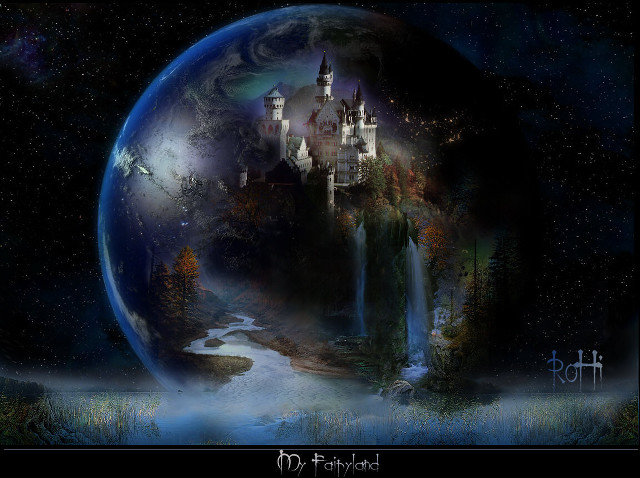 Castle forest waterfall painting nature free wallpaper - medium preview image