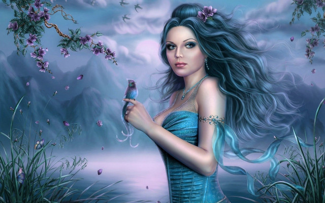 Woman blue dress holding bird free wallpaper - medium preview image