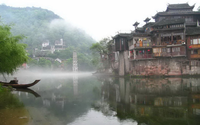 River boat buildings fog water free wallpaper - medium preview image