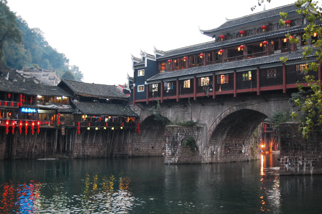 River bridge buildings lights windows free wallpaper - medium preview image