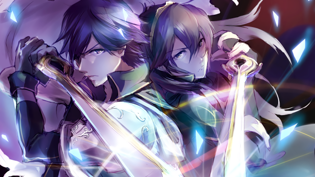 Anime characters swords distance purple free wallpaper - medium preview image