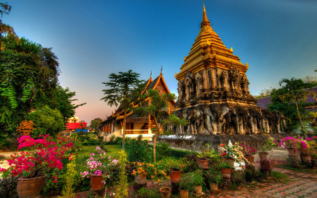 Large building tower flowers trees free wallpaper - medium preview image