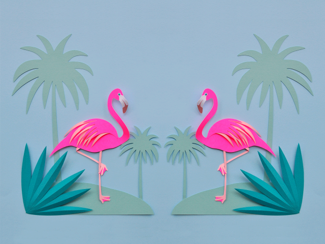 Pink flamingos beach palm trees free wallpaper - medium preview image
