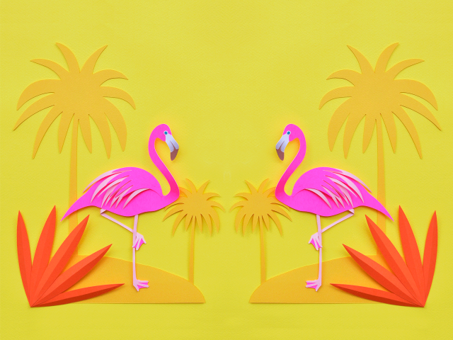Pink flamingos yellow background palm free wallpaper - medium preview image