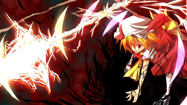 Redhair yellowscarf redbackground whiteleaves yandere free wallpaper - medium preview image