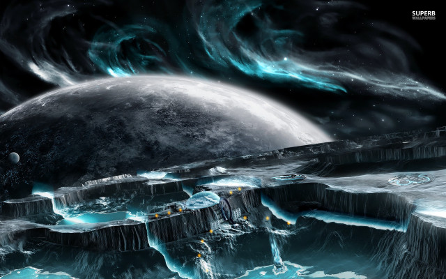 Futuristic space station giant moon free wallpaper - medium preview image