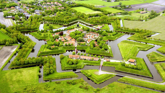 Large green field river town free wallpaper - medium preview image