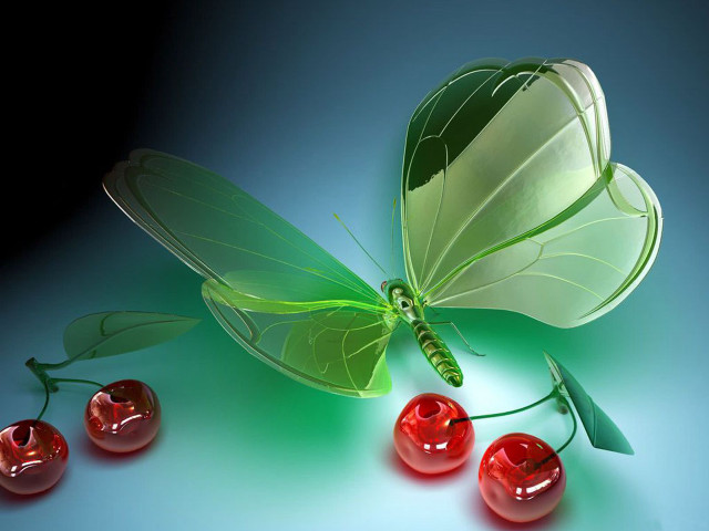 Green butterfly cherries blue background free wallpaper - medium preview image