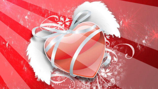 Red heart ribbon background snowflakes free wallpaper - medium preview image
