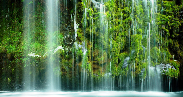 Waterfall moss boat nature sunlight free wallpaper - medium preview image